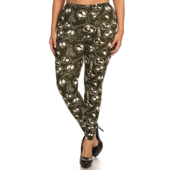 Plus Size One Size Skulls & Bones Printed Leggings, Full Length, Banded Waist - Picture 1 of 4
